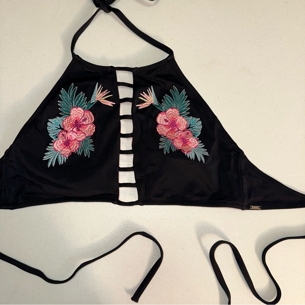 Victoria’s Secret PINK Embroidered Black Bikini Top size L